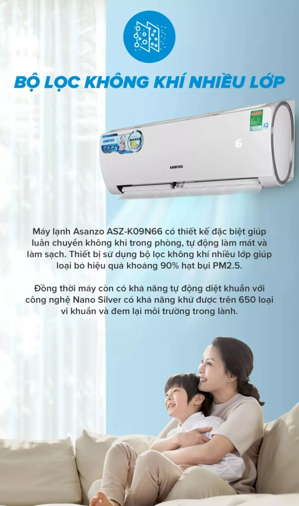 Máy lạnh ASANZO Inverter 1 HP K09-N66 Gas 410